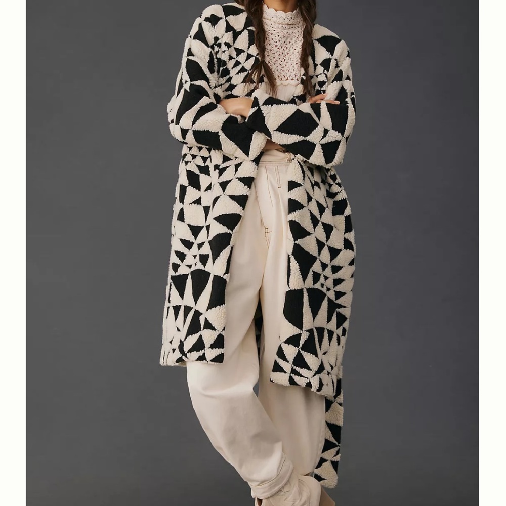 Farm Rio Heart Deco High Pile Fleece Wool Blend Belted Coat